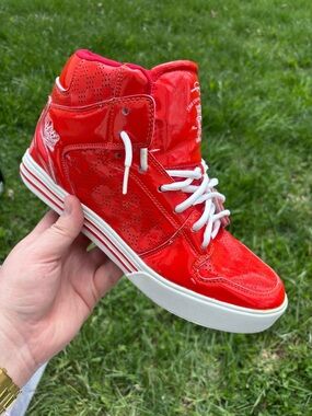 FUBU Red High-Top Patent Sneaker with White Sole